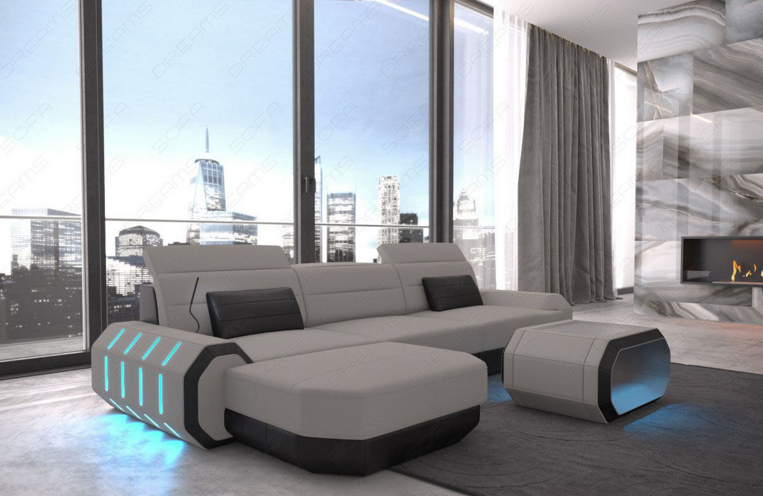 Design Stoffsofa Roma L-Form, Led Hellgrau-Schwarz