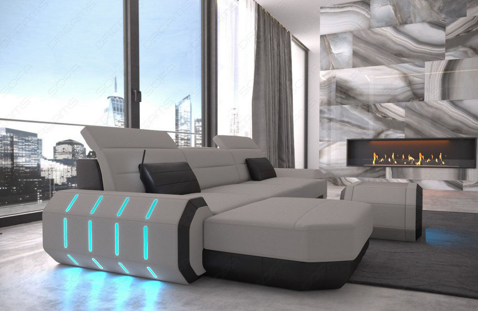 Design Stoffsofa Roma L-Form, Led Hellgrau-Schwarz