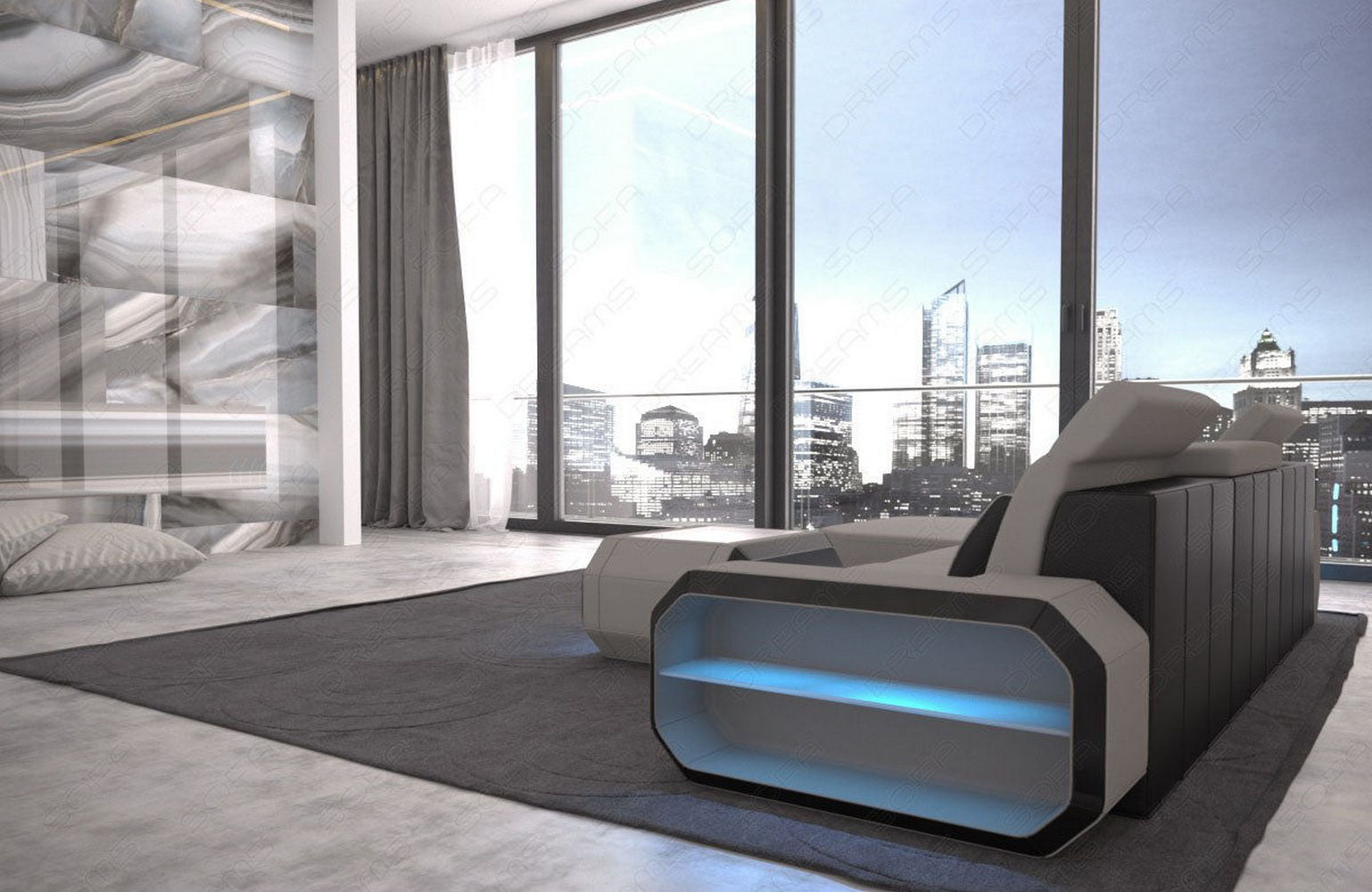 Design Stoffsofa Roma L-Form, Led Hellgrau-Schwarz