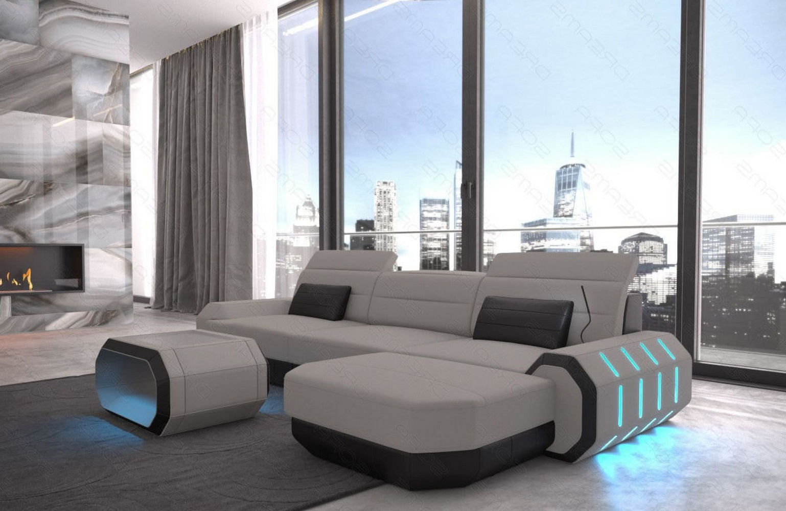 Design Stoffsofa Roma L-Form, Led