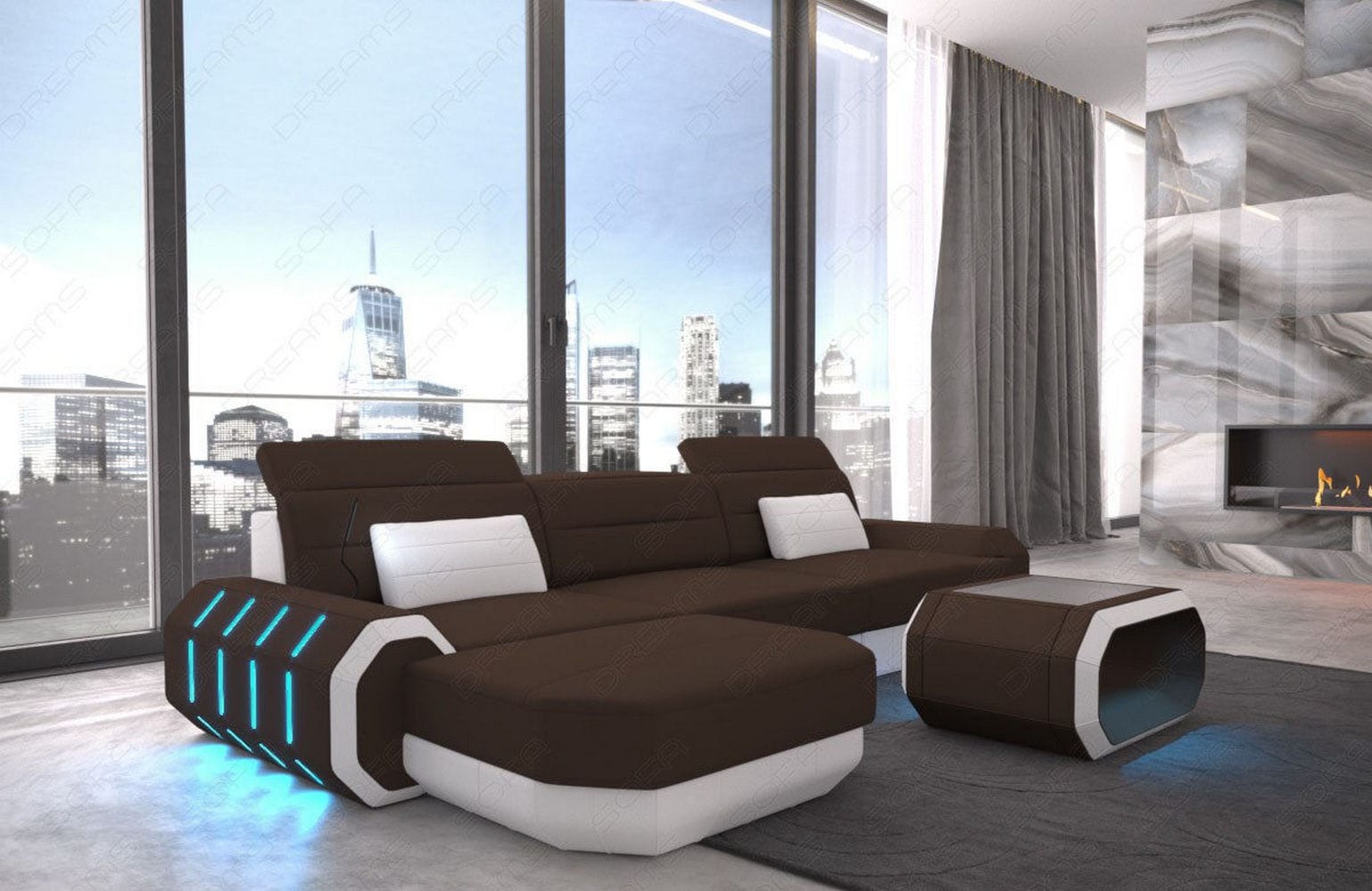 Design Stoffsofa Roma L-Form, Led Dunkelbraun-Weiß