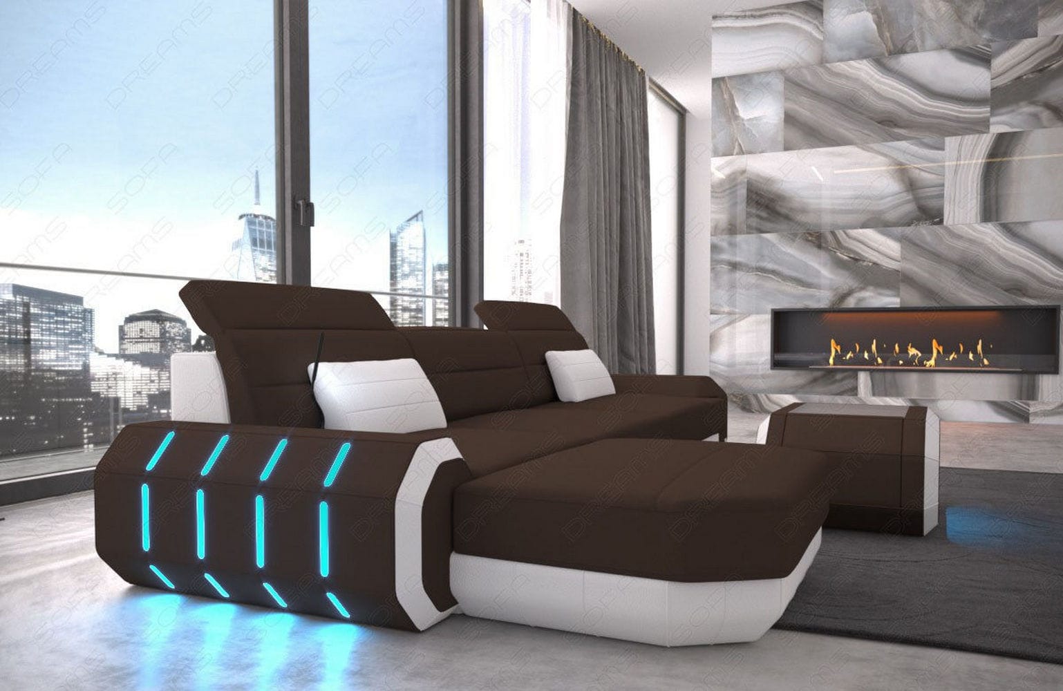 Design Stoffsofa Roma L-Form, Led Dunkelbraun-Weiß