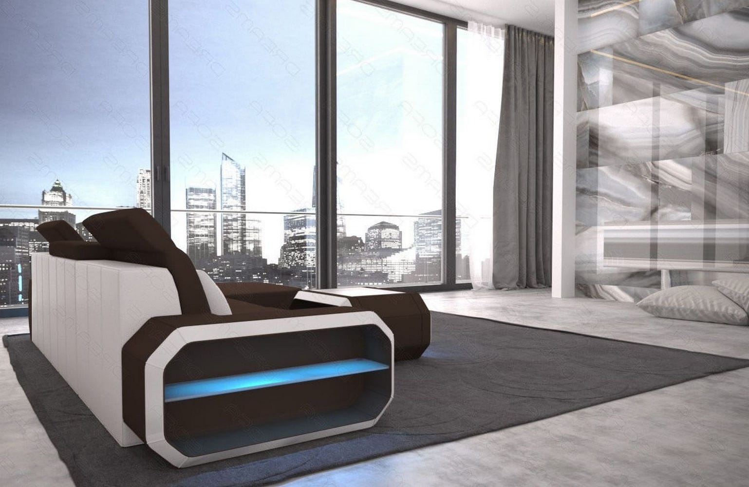 Design Stoffsofa Roma L-Form, Led Dunkelbraun-Weiß