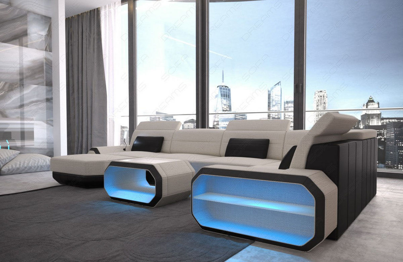 Stoff Wohnlandschaft Roma U-Form mit LED