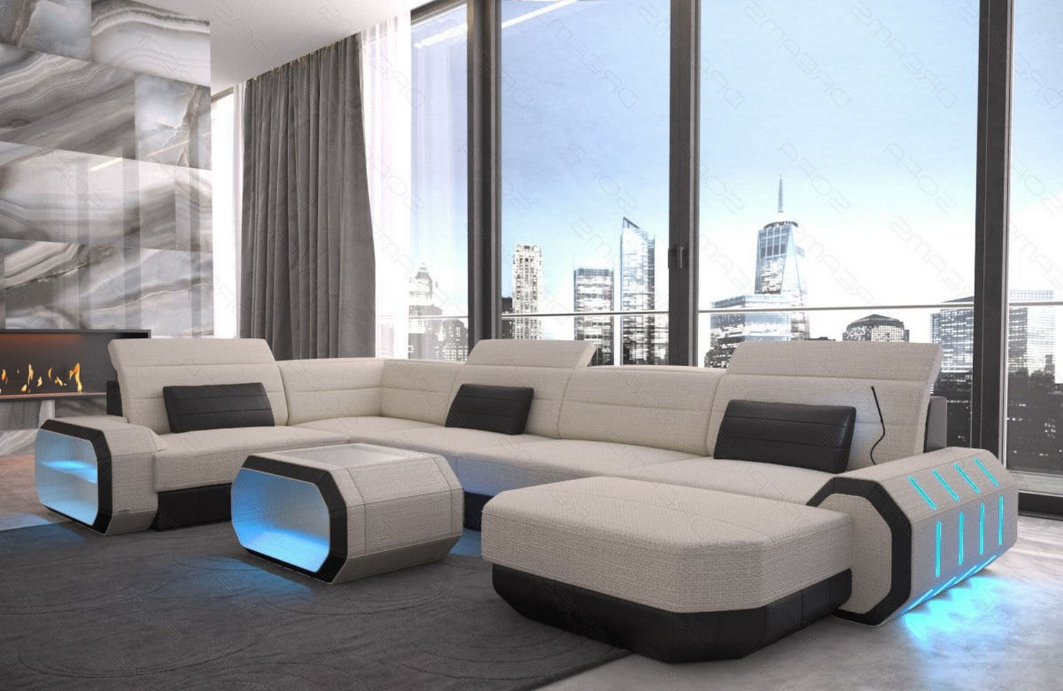 Stoff Wohnlandschaft Roma U-Form mit LED