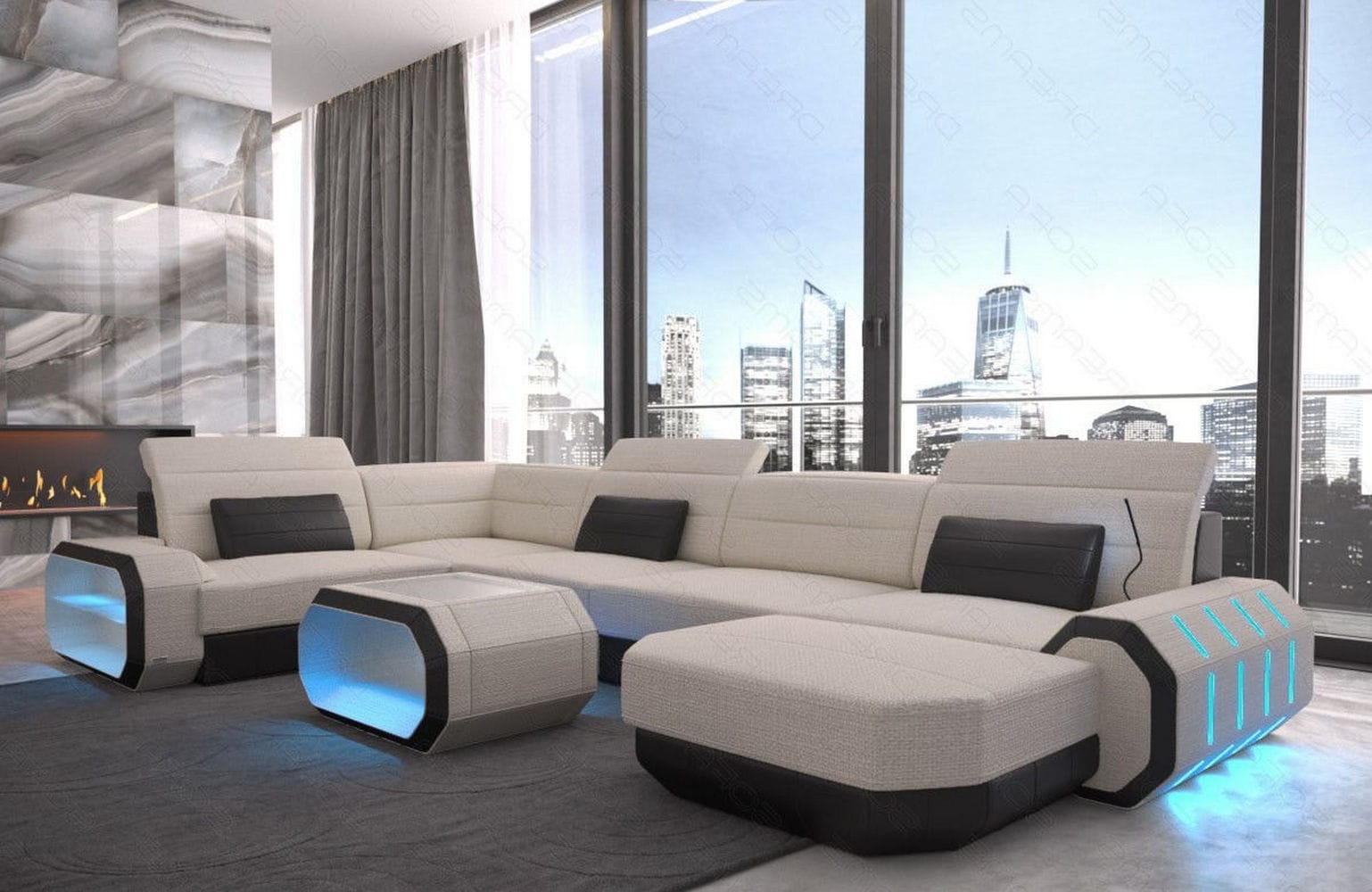 Stoff Wohnlandschaft Roma U-Form mit LED Elfenbein-Schwarz
