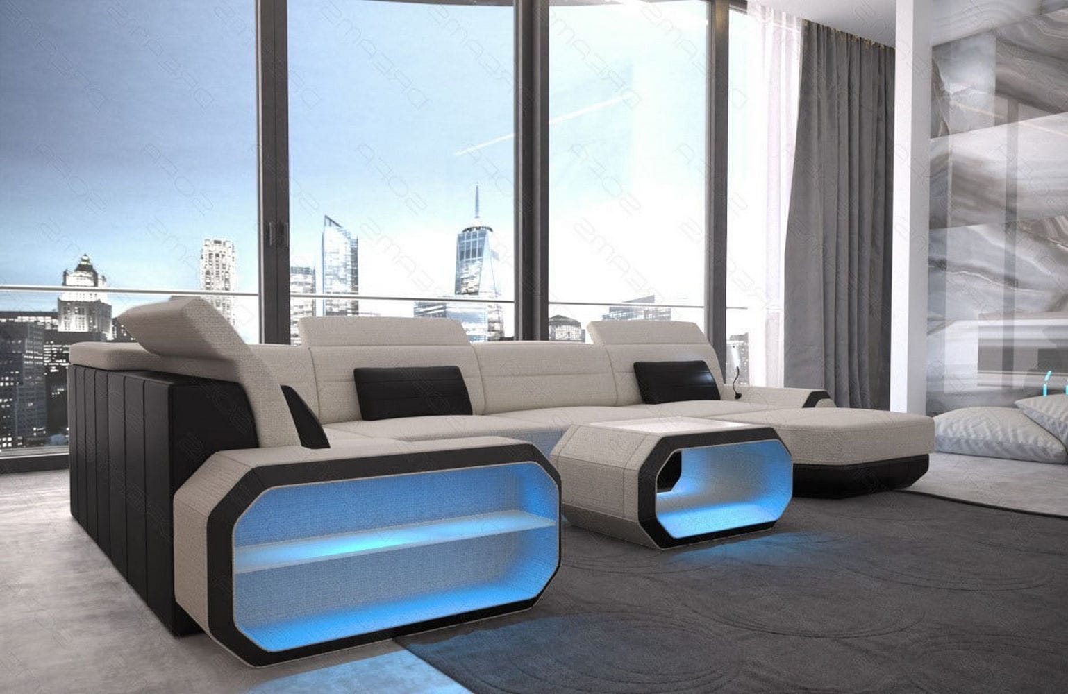 Stoff Wohnlandschaft Roma U-Form mit LED Elfenbein-Schwarz