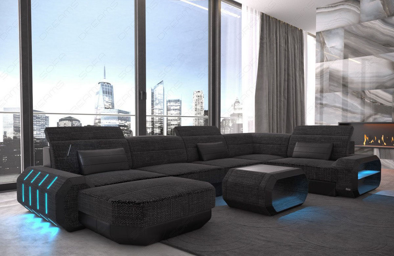 Stoff Wohnlandschaft Roma U-Form mit LED