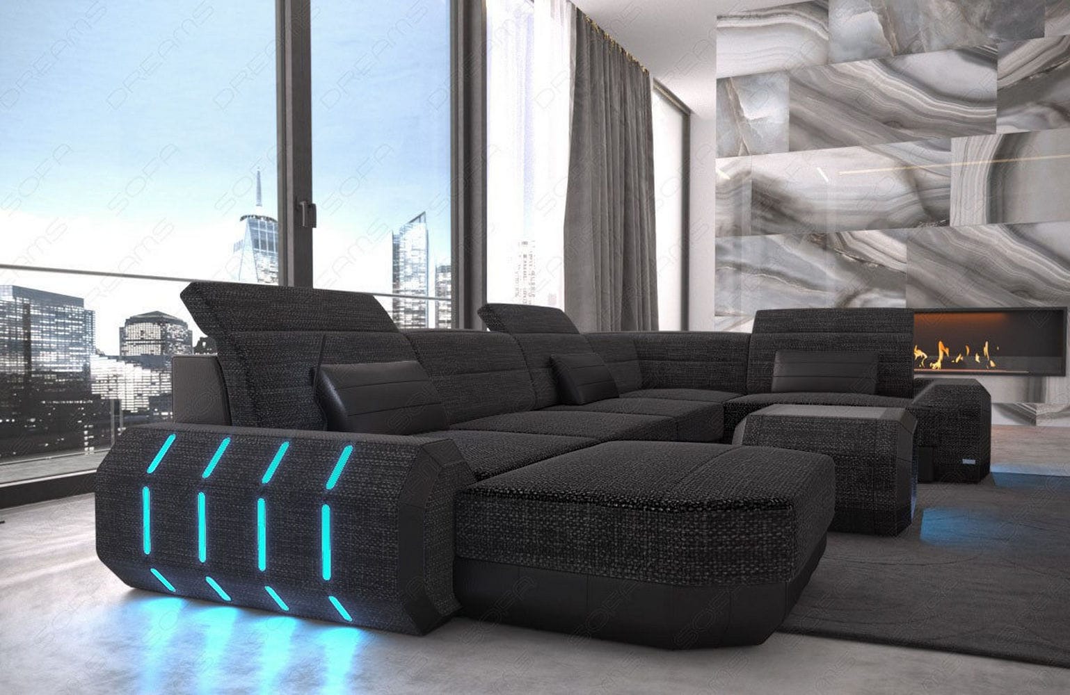 Stoff Wohnlandschaft Roma U-Form mit LED Schwarzgrau-Schwarz