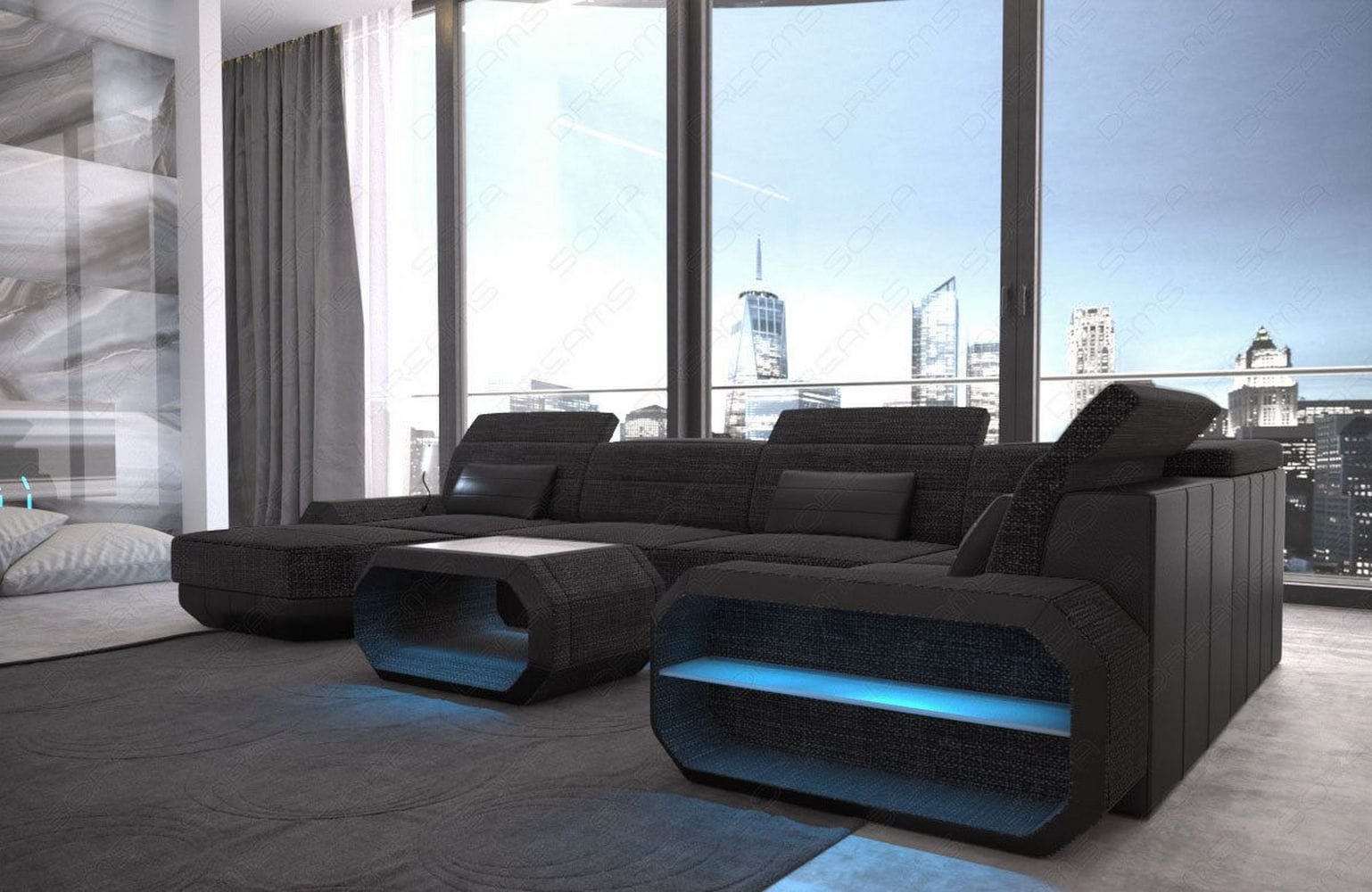 Stoff Wohnlandschaft Roma U-Form mit LED Schwarzgrau-Schwarz