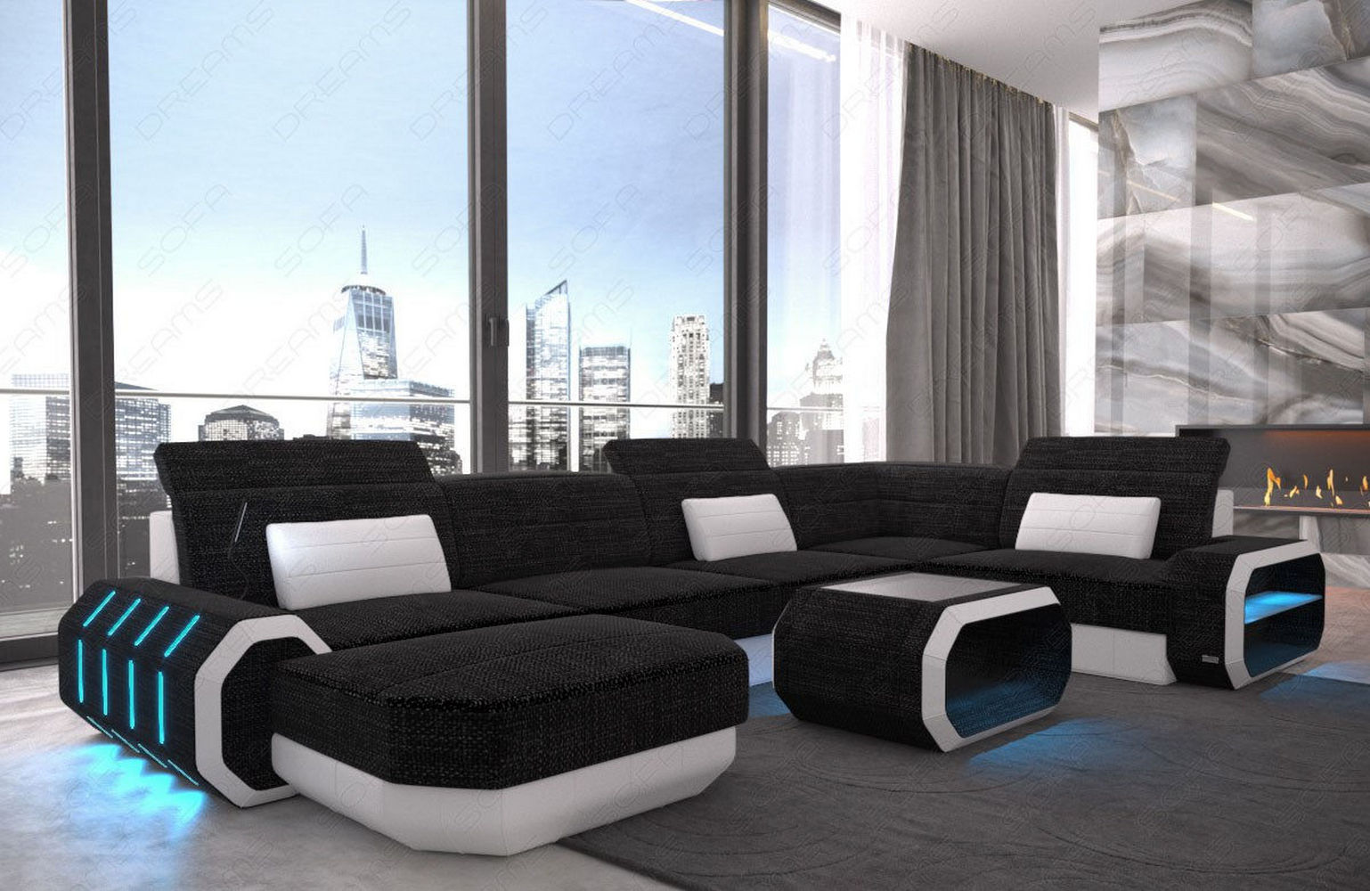 Stoff Wohnlandschaft Roma U-Form mit LED