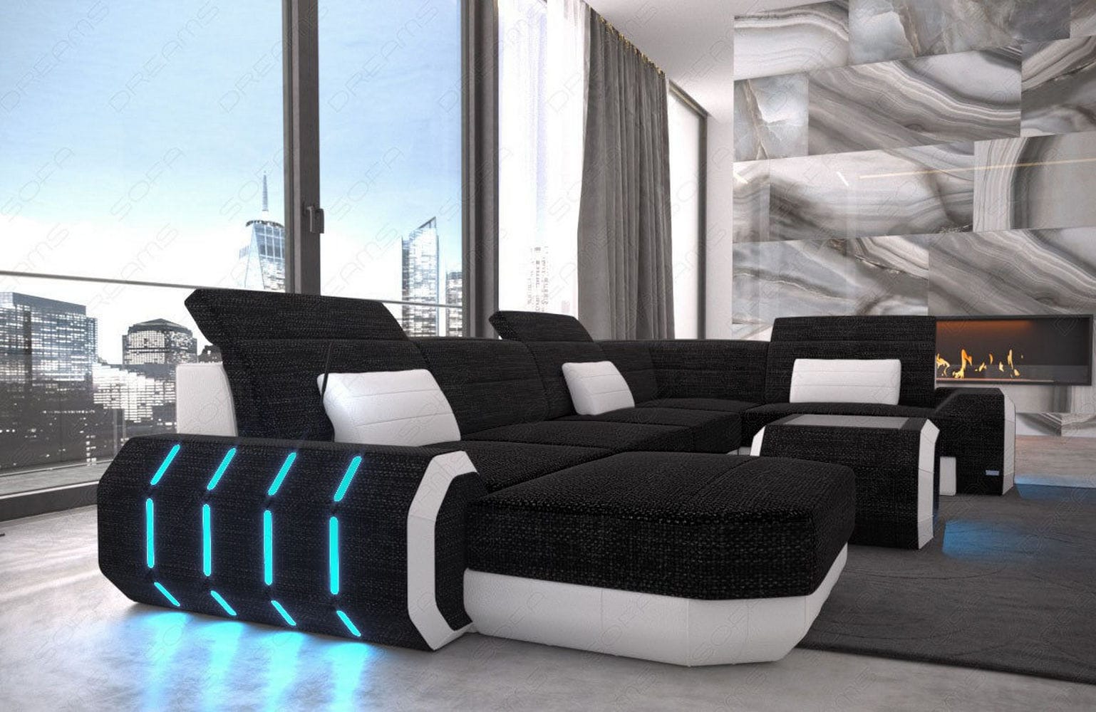 Stoff Wohnlandschaft Roma U-Form mit LED Dunkelgrau-Weiß