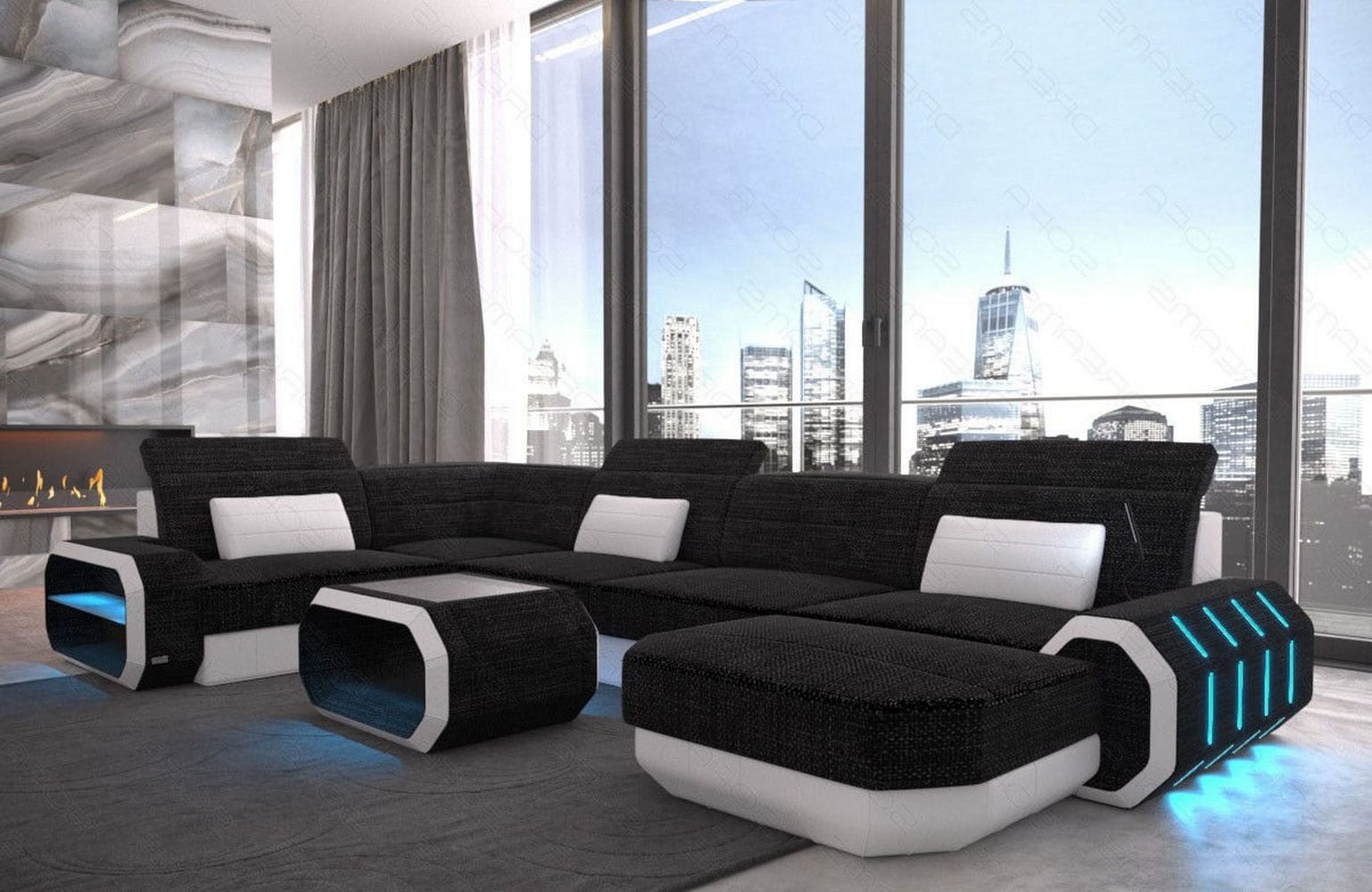 Stoff Wohnlandschaft Roma U-Form mit LED