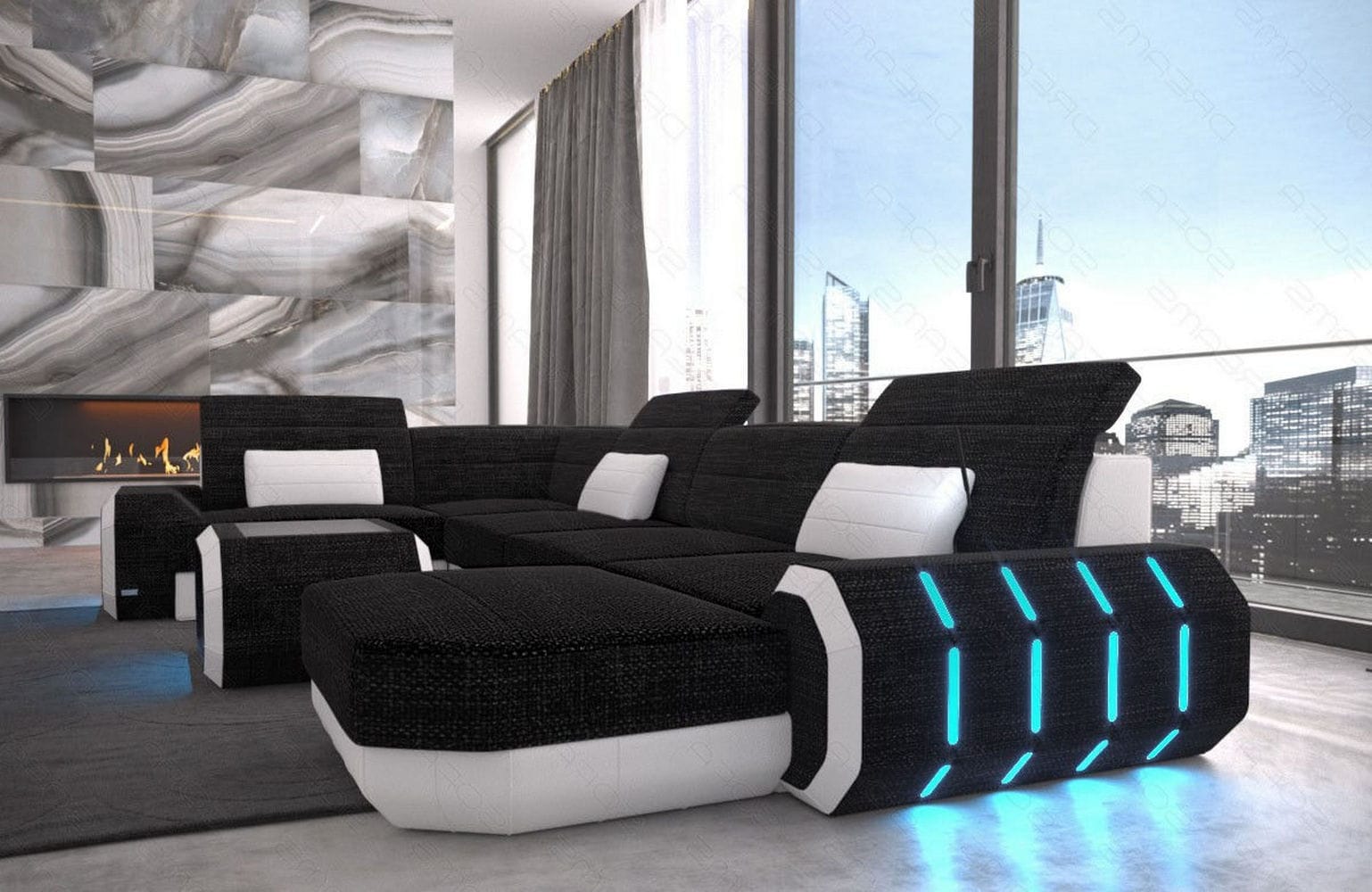 Stoff Wohnlandschaft Roma U-Form mit LED Dunkelgrau-Weiß