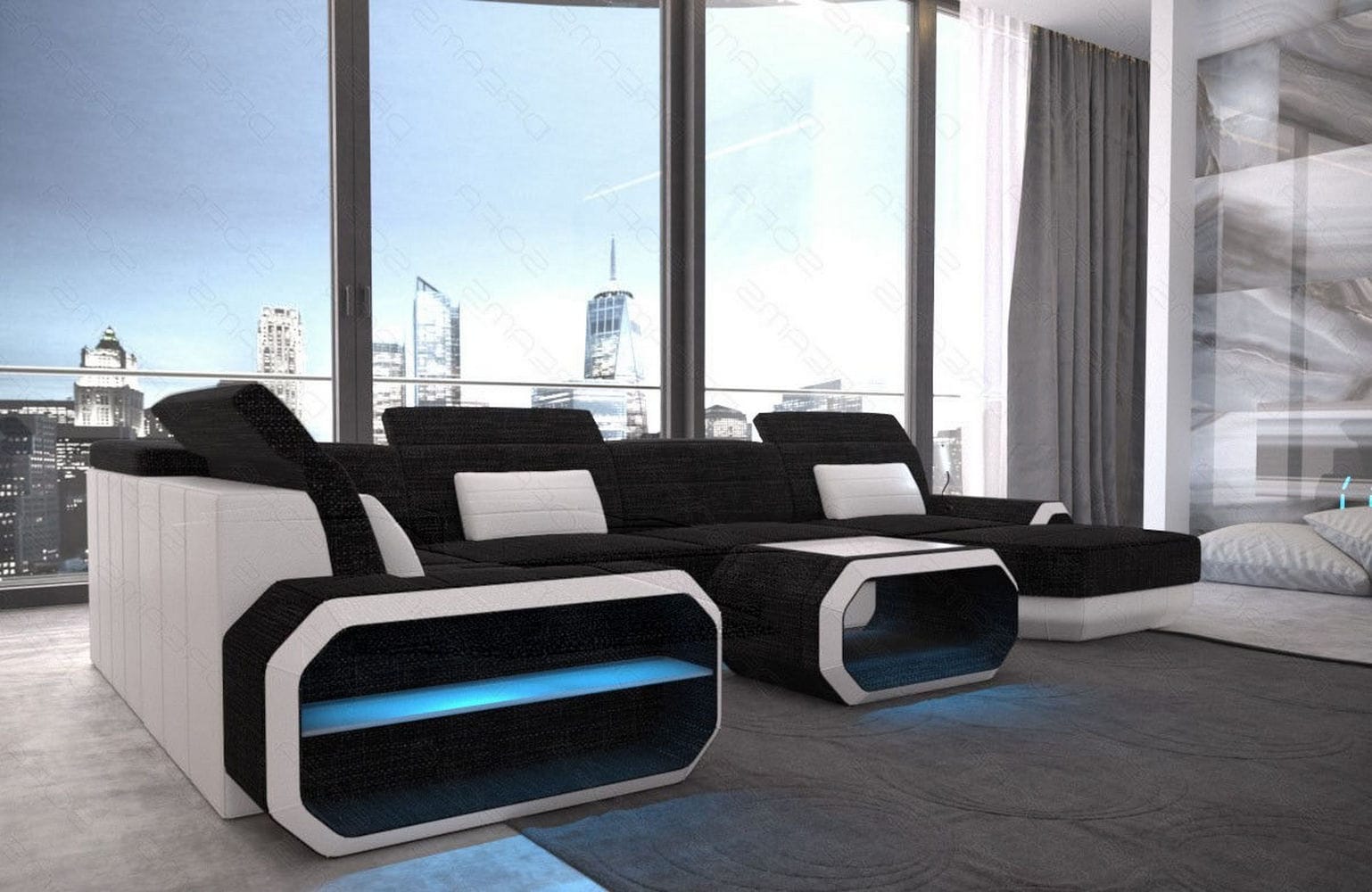 Stoff Wohnlandschaft Roma U-Form mit LED Dunkelgrau-Weiß