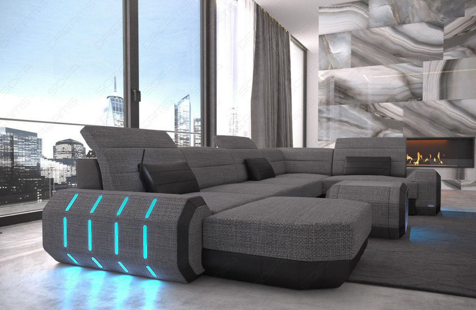 Stoff Wohnlandschaft Roma U-Form mit LED