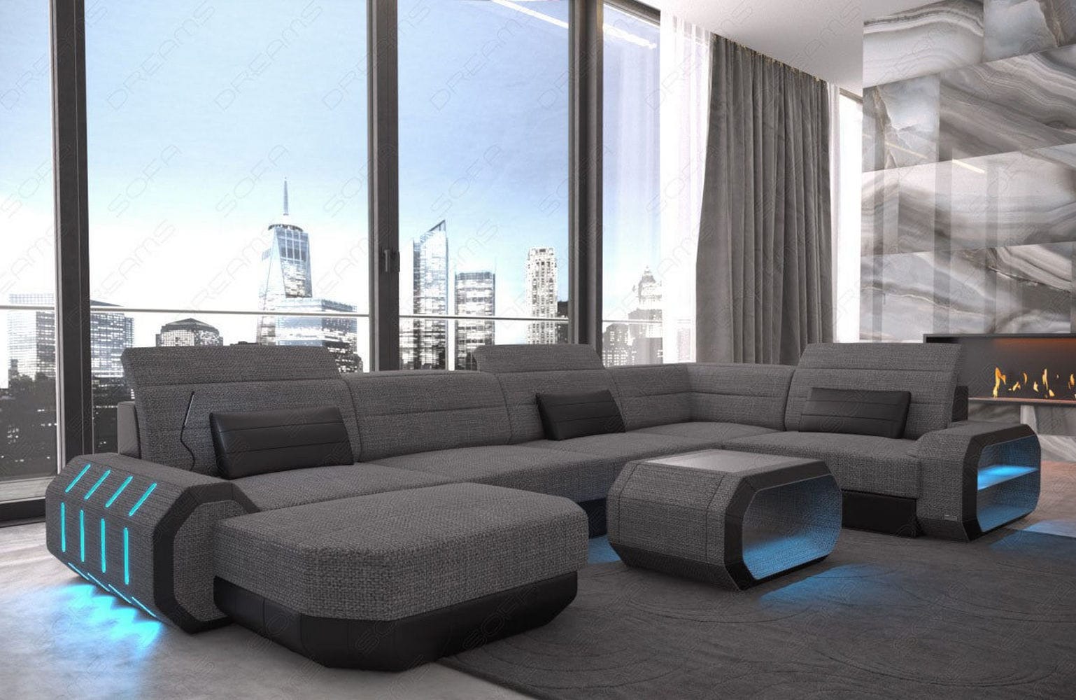 Wohnlandschaft Roma U-Form aus Stoff grau-schwarz