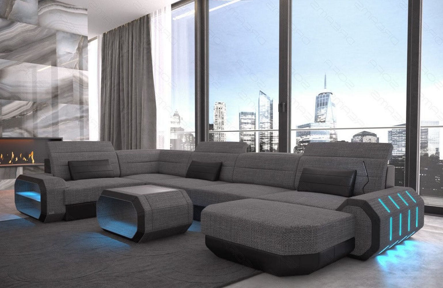 Stoff Wohnlandschaft Roma U-Form mit LED Grau-Schwarz