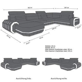 Wohnlandschaft Roma U-Form aus Stoff Grau-Schwarz