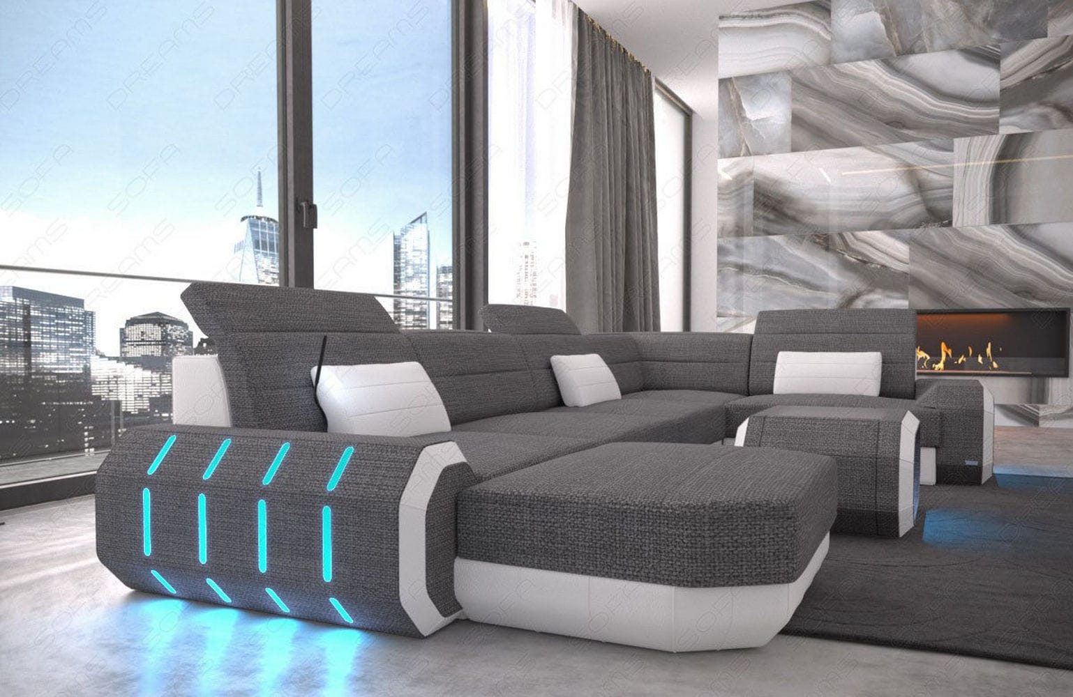 Stoff Wohnlandschaft Roma U-Form mit LED Grau-Weiß