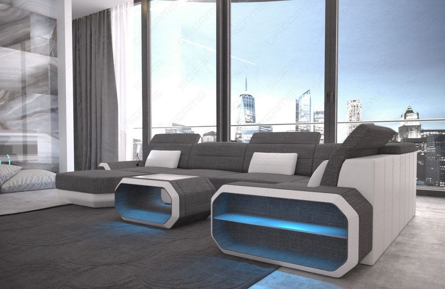 Stoff Wohnlandschaft Roma U-Form mit LED Grau-Weiß