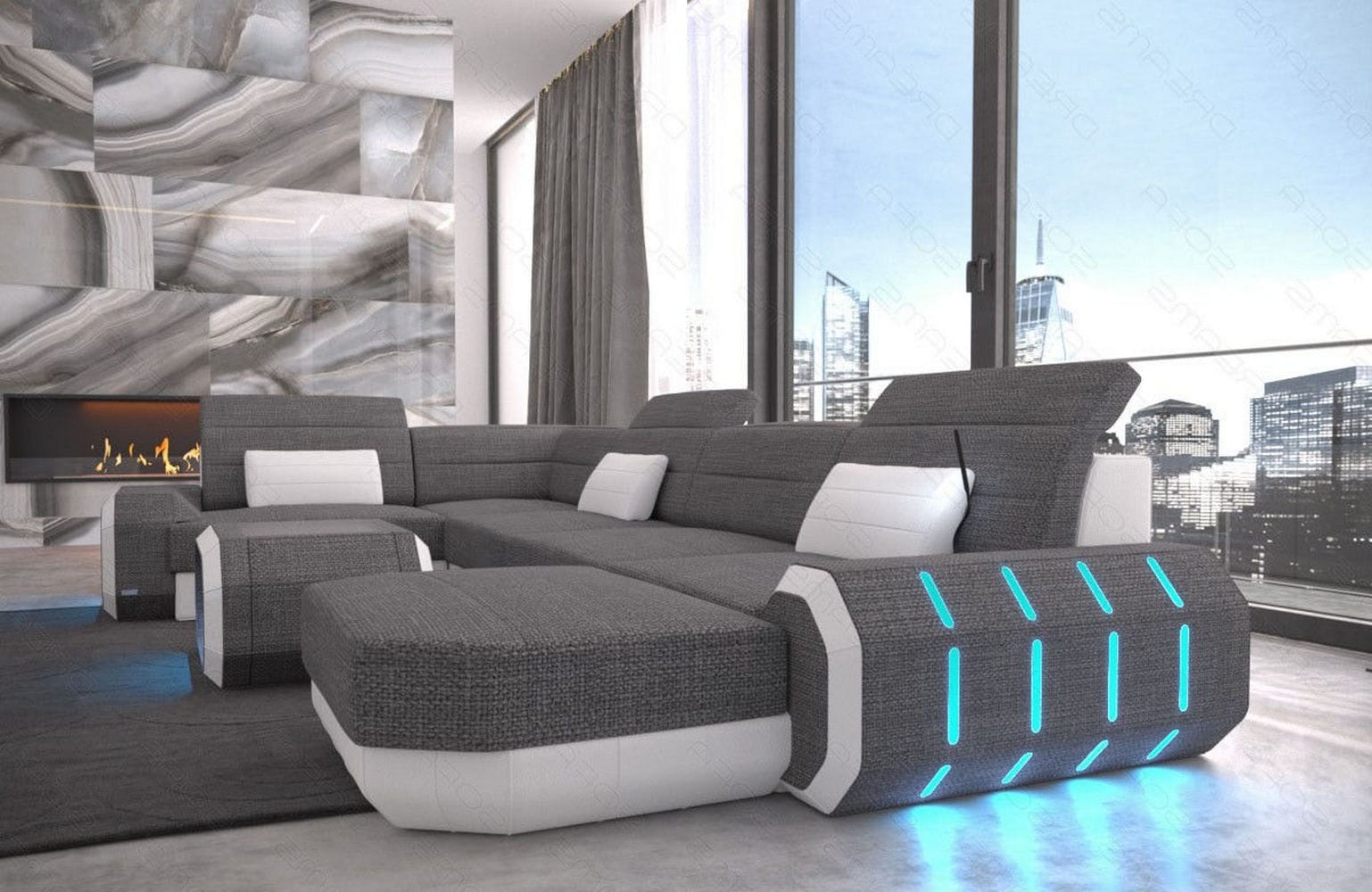 Stoff Wohnlandschaft Roma U-Form mit LED Grau-Weiß