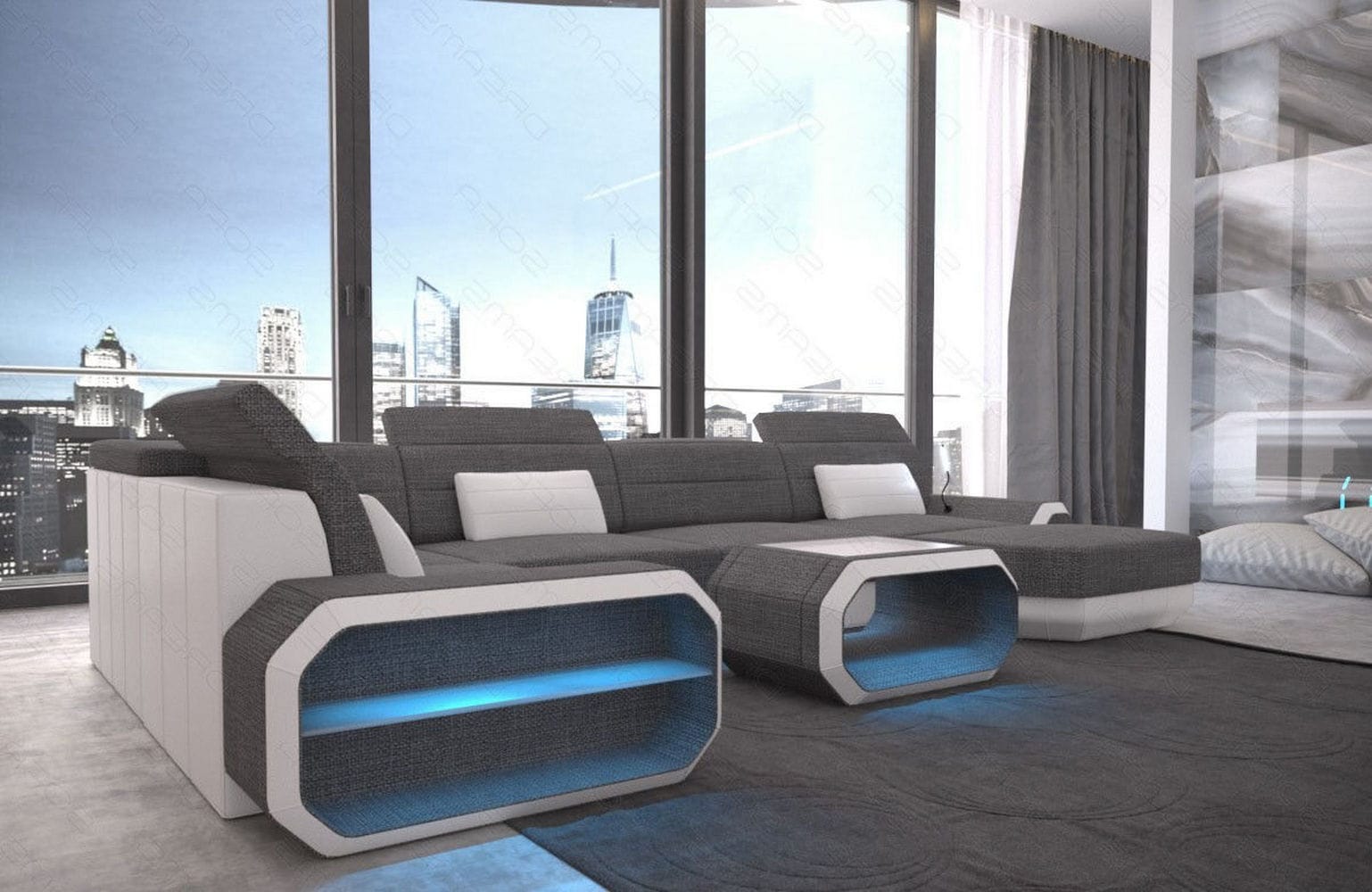 Stoff Wohnlandschaft Roma U-Form mit LED Grau-Weiß