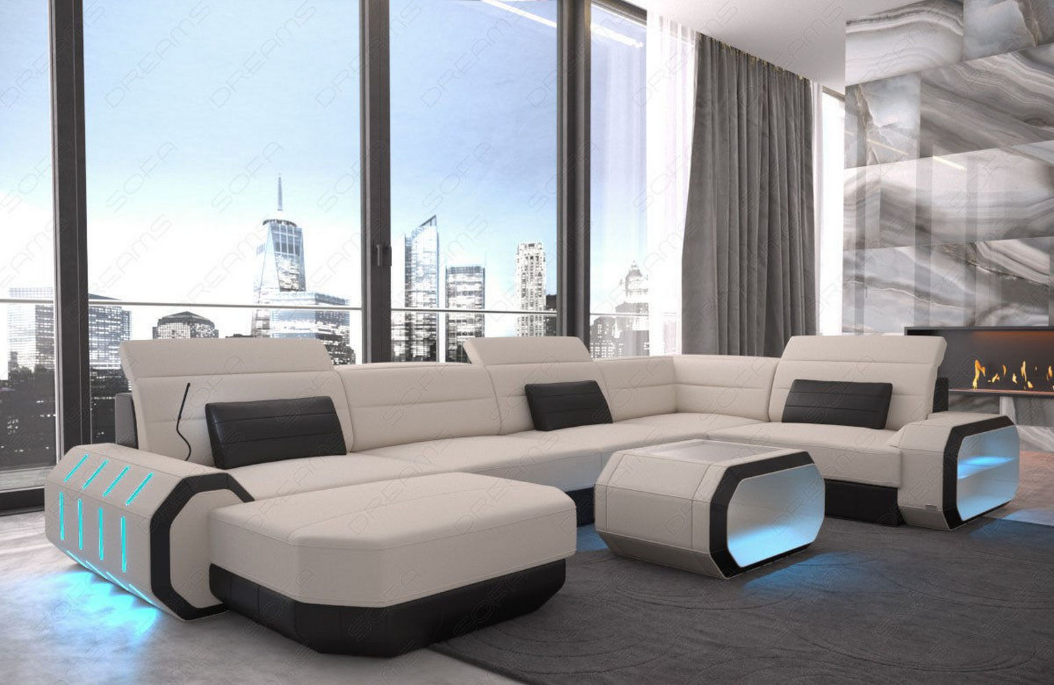 Stoff Wohnlandschaft Roma U-Form mit LED