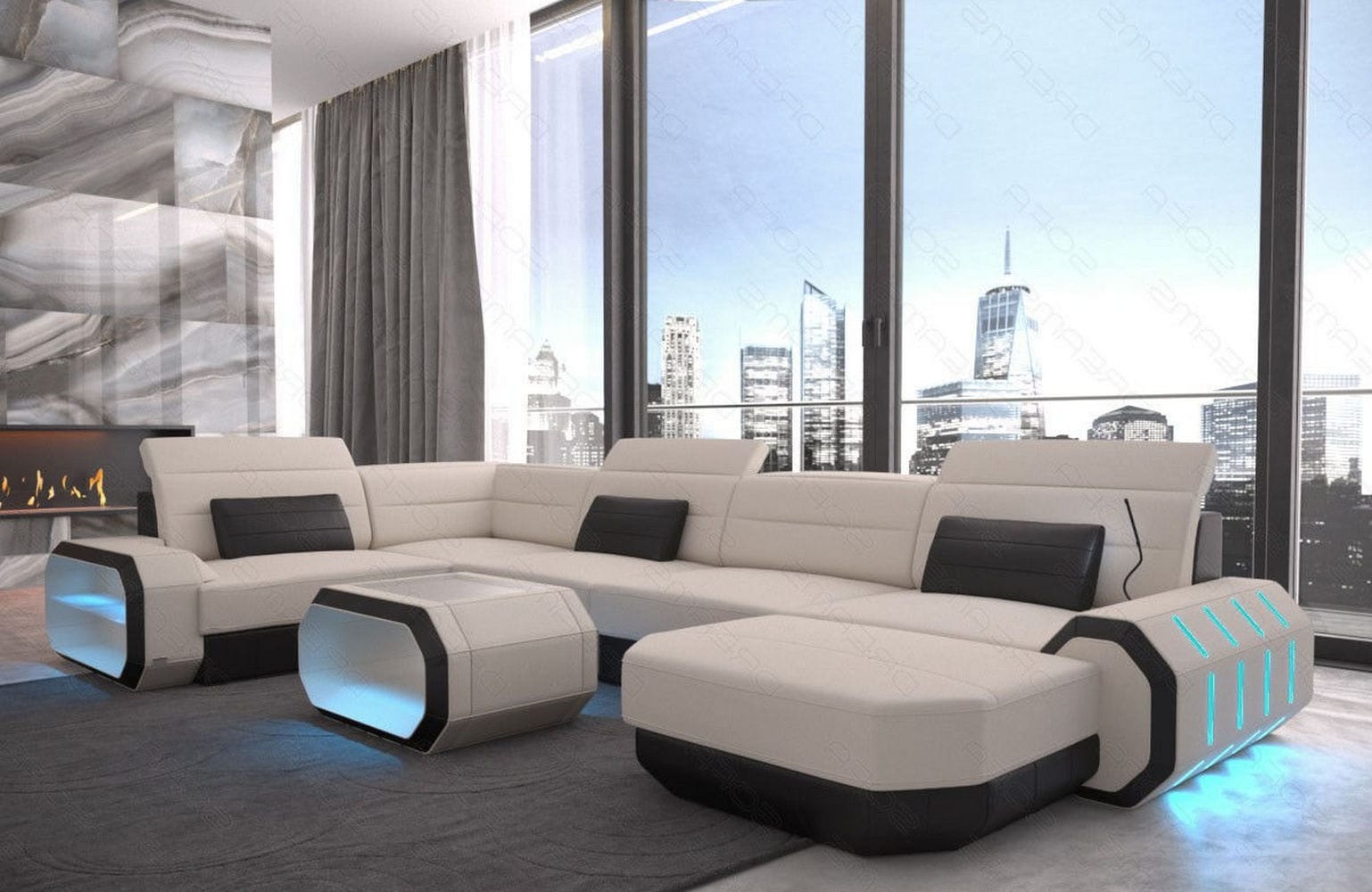 Stoff Wohnlandschaft Roma U-Form mit LED
