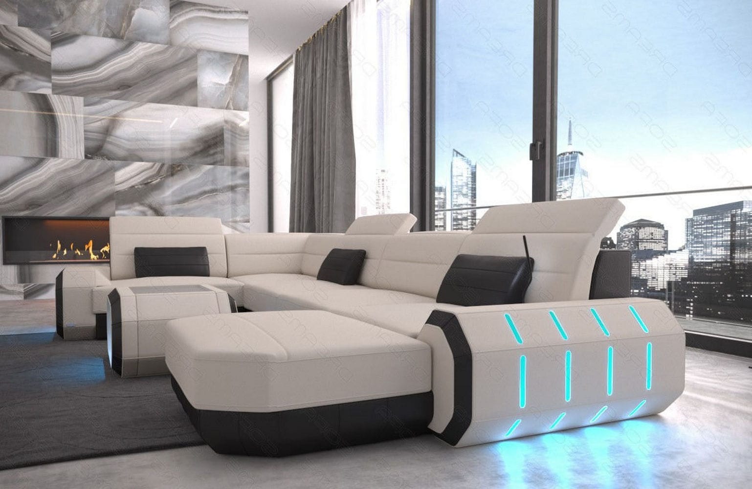Stoff Wohnlandschaft Roma U-Form mit LED Elfenbein-Schwarz