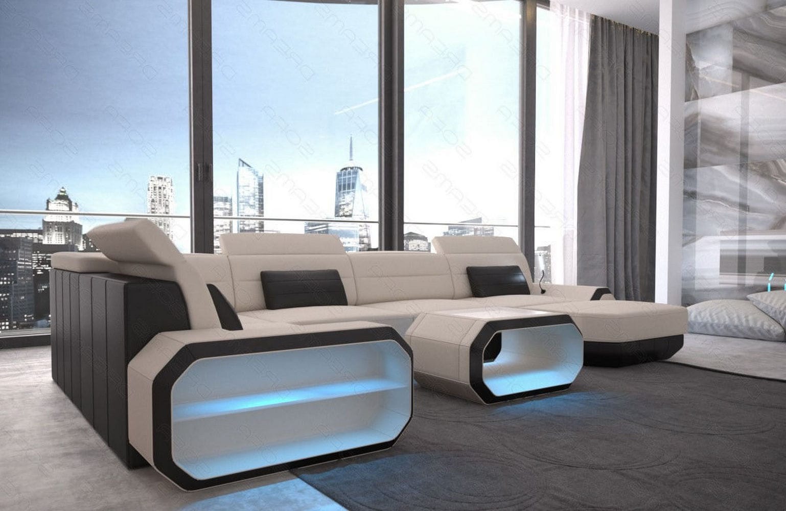 Stoff Wohnlandschaft Roma U-Form mit LED Elfenbein-Schwarz