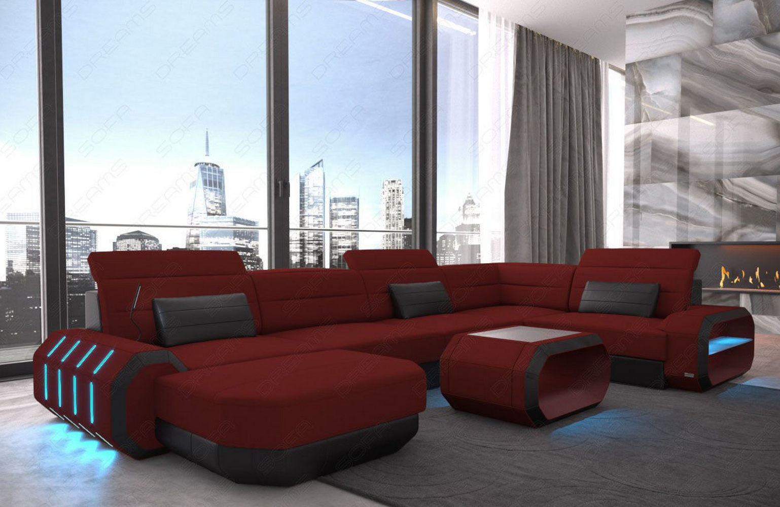 Stoff Wohnlandschaft Roma U-Form mit LED