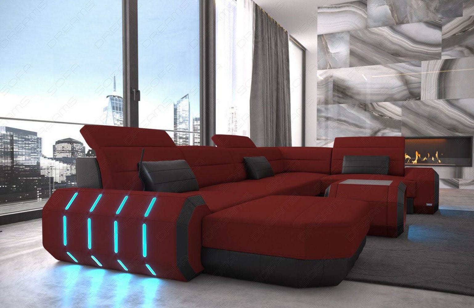 Stoff Wohnlandschaft Roma U-Form mit LED Dunkelrot-Schwarz