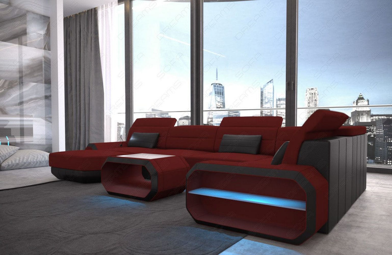 Stoff Wohnlandschaft Roma U-Form mit LED Dunkelrot-Schwarz
