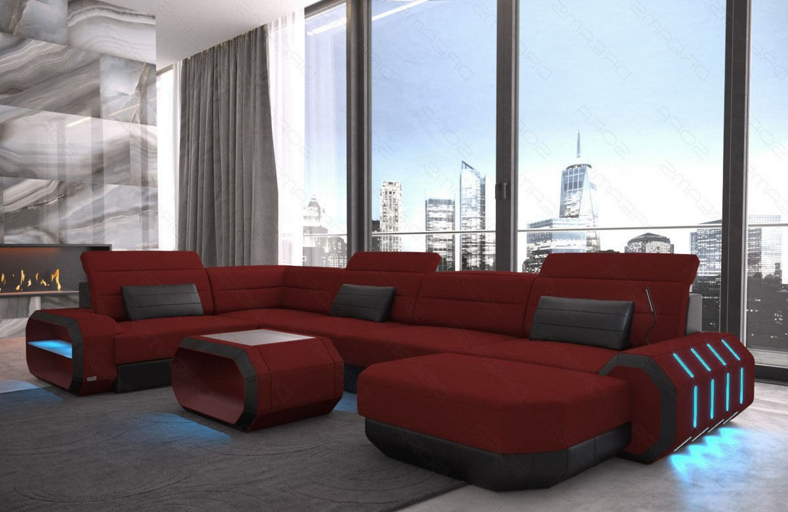 Stoff Wohnlandschaft Roma U-Form mit LED