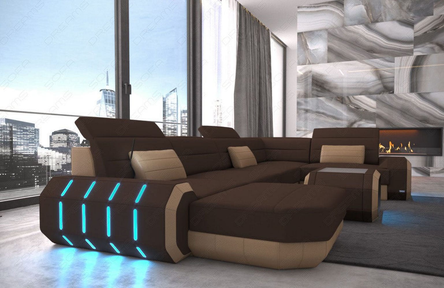 Stoff Wohnlandschaft Roma U-Form mit LED Dunkelbraun-Sandbeige
