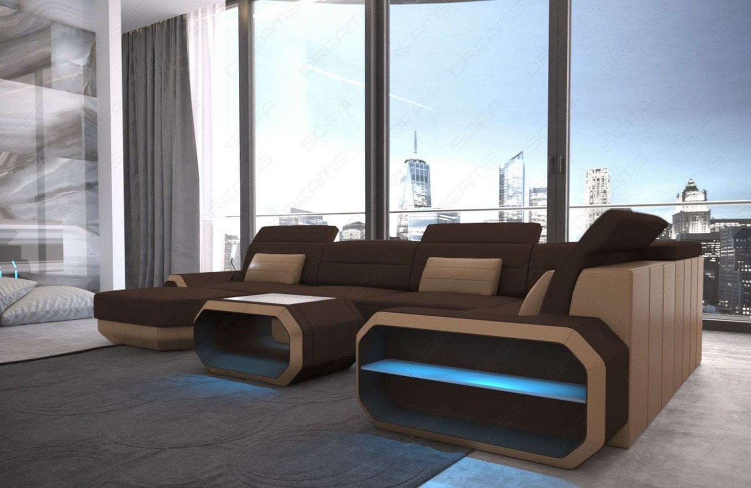 Stoff Wohnlandschaft Roma U-Form mit LED Dunkelbraun-Sandbeige