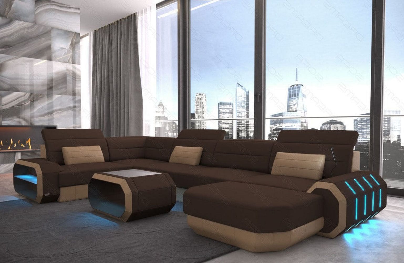 Stoff Wohnlandschaft Roma U-Form mit LED