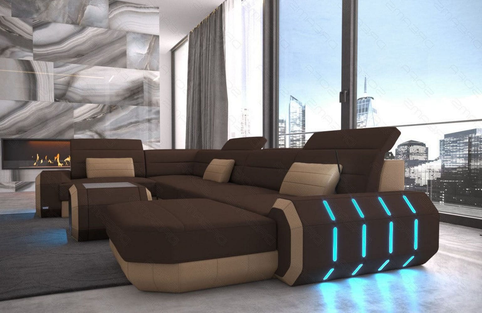 Stoff Wohnlandschaft Roma U-Form mit LED Dunkelbraun-Sandbeige