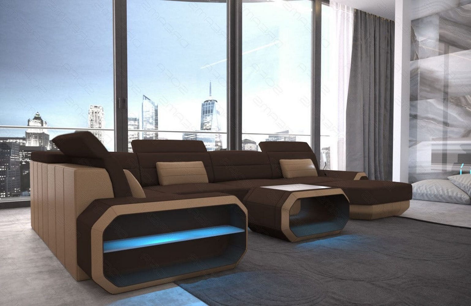 Stoff Wohnlandschaft Roma U-Form mit LED Dunkelbraun-Sandbeige