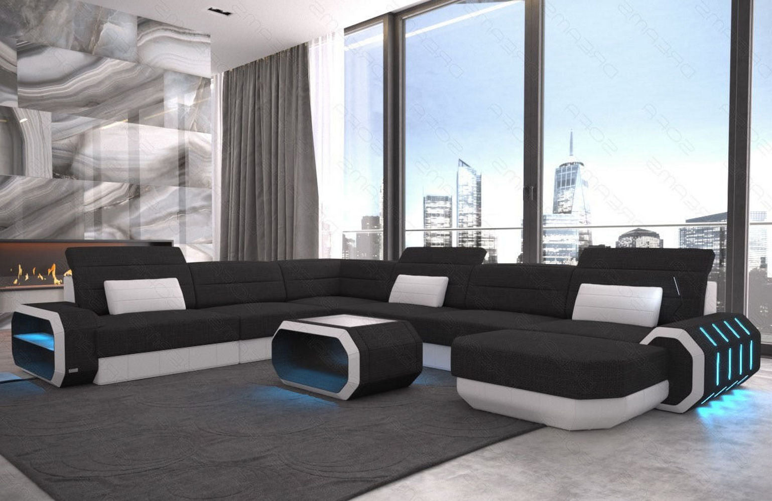 XL Stoff Wohnlandschaft Roma mit LED