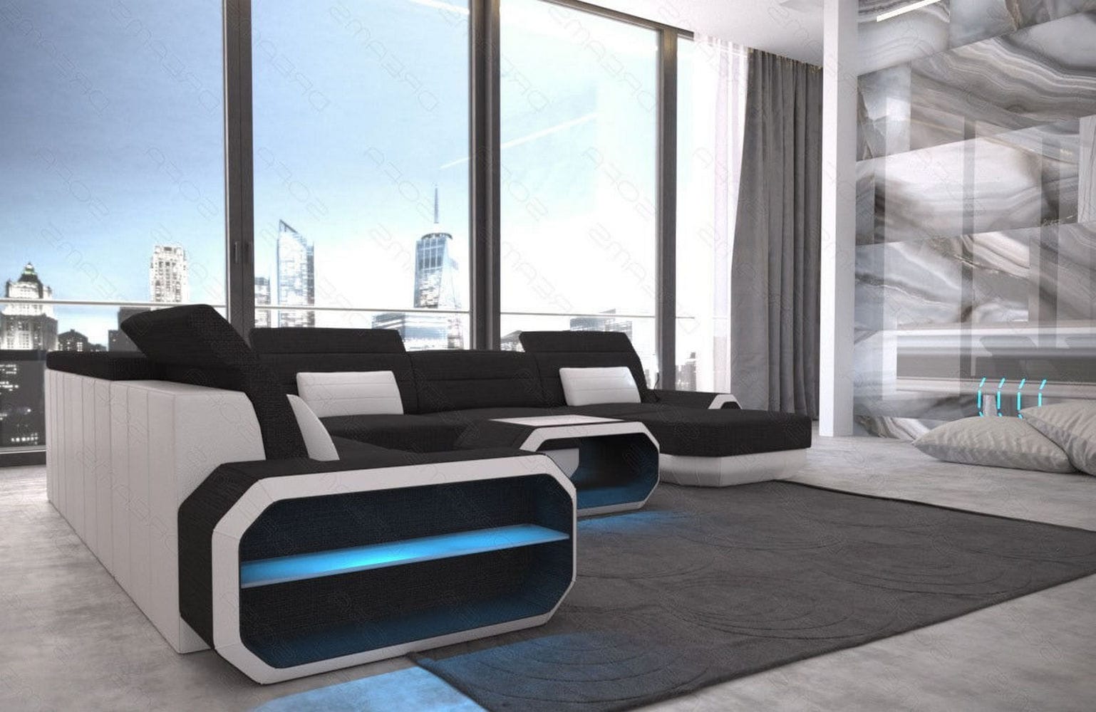XXL Stoff Wohnlandschaft Roma U-Form schwarz-weiß