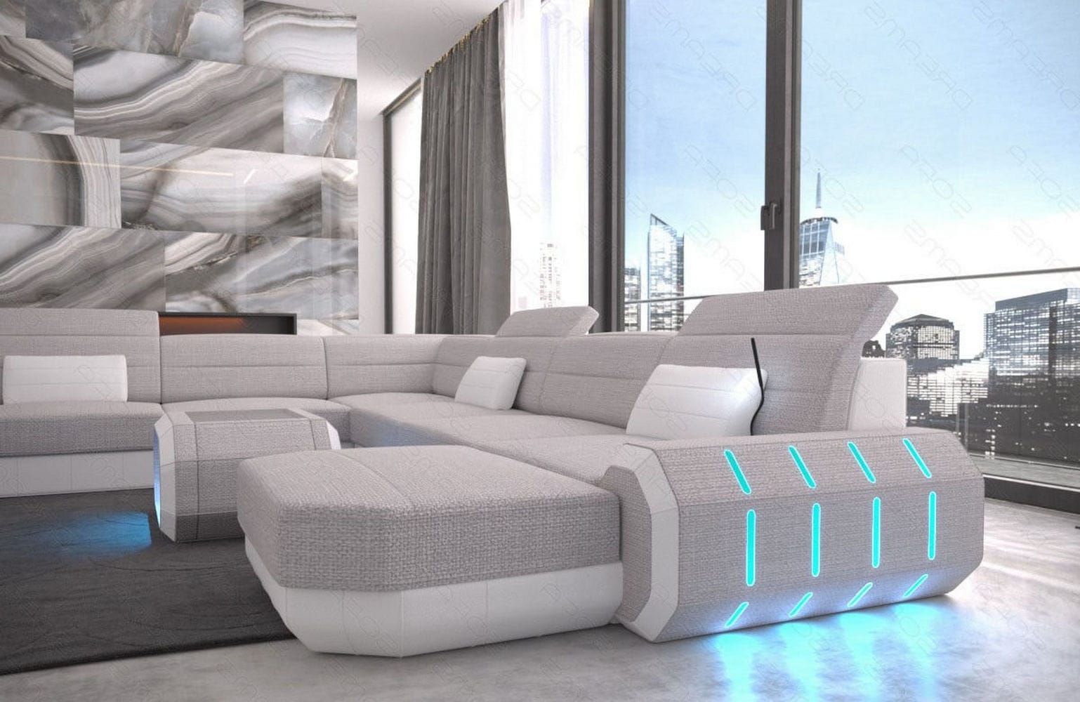 XXL Stoff Wohnlandschaft Roma U-Form macchiato-weiß
