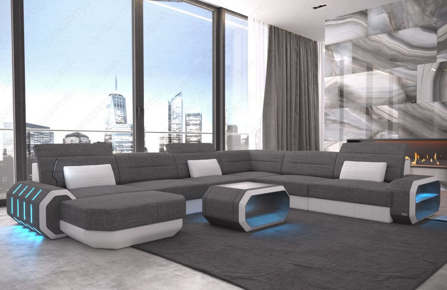 XXL Stoff Wohnlandschaft Roma U-Form Grau-Weiß