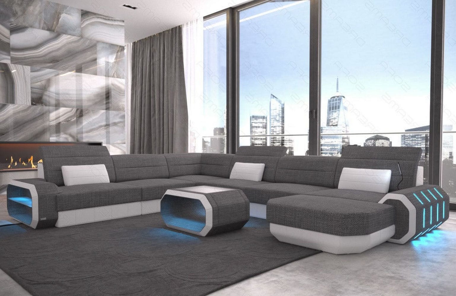XL Stoff Wohnlandschaft Roma mit LED Grau-Weiß