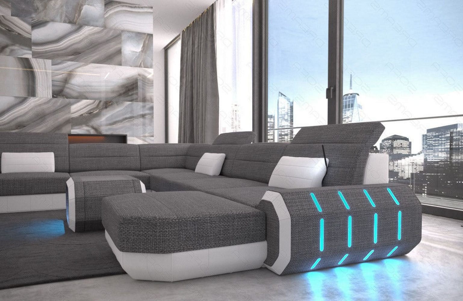 XL Stoff Wohnlandschaft Roma mit LED Grau-Weiß