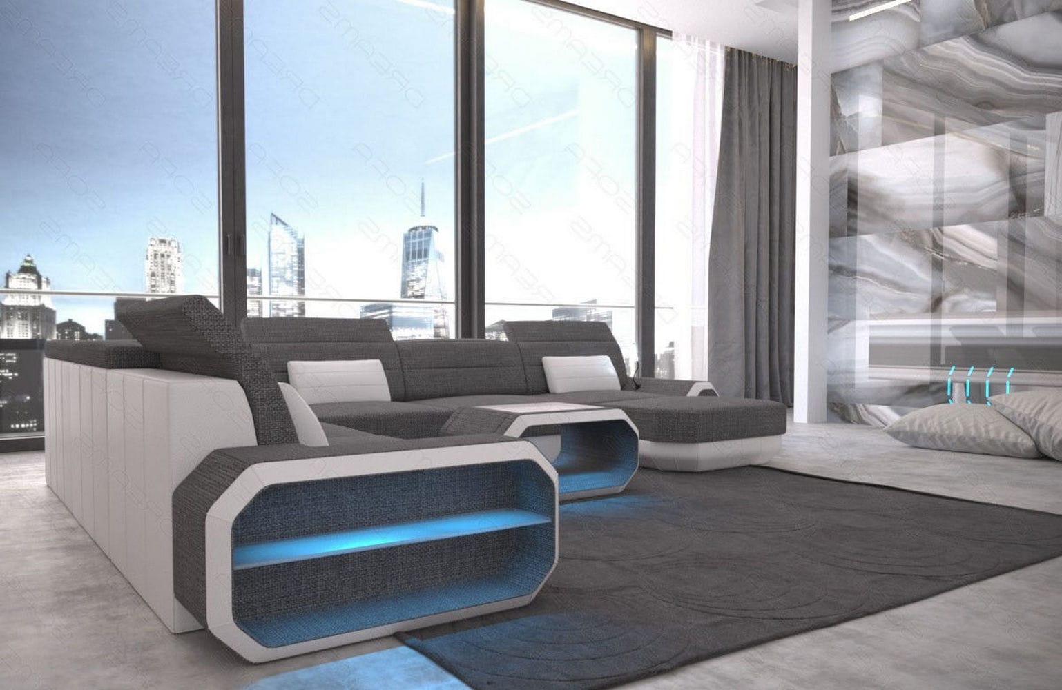 XL Stoff Wohnlandschaft Roma mit LED Grau-Weiß