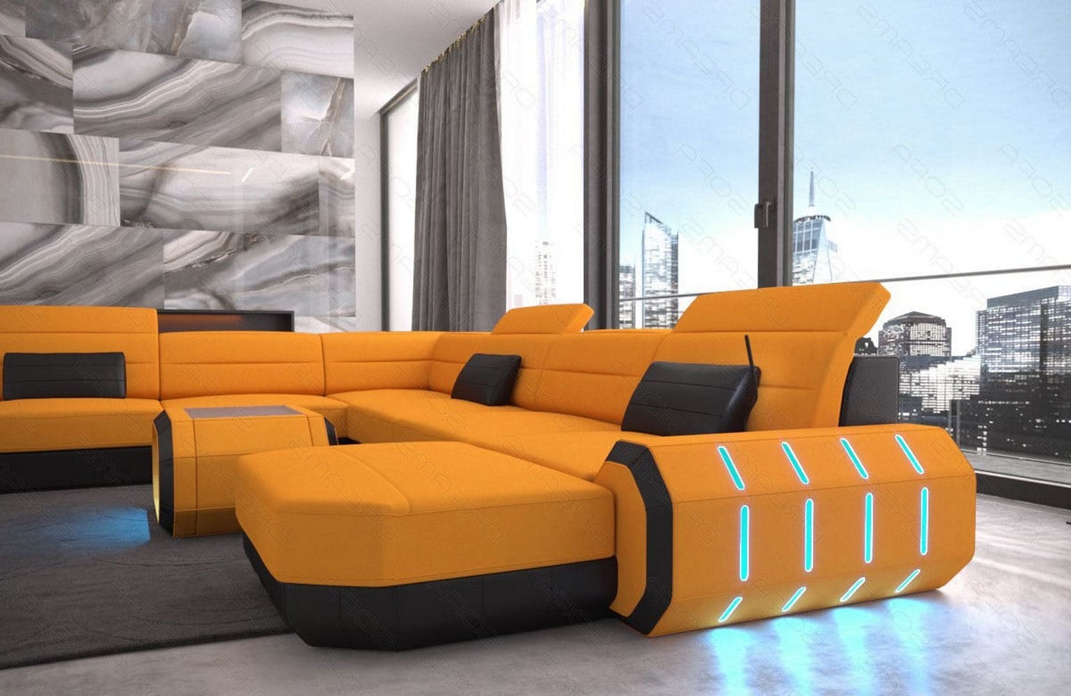 XL Stoff Wohnlandschaft Roma mit LED Apricot-Schwarz
