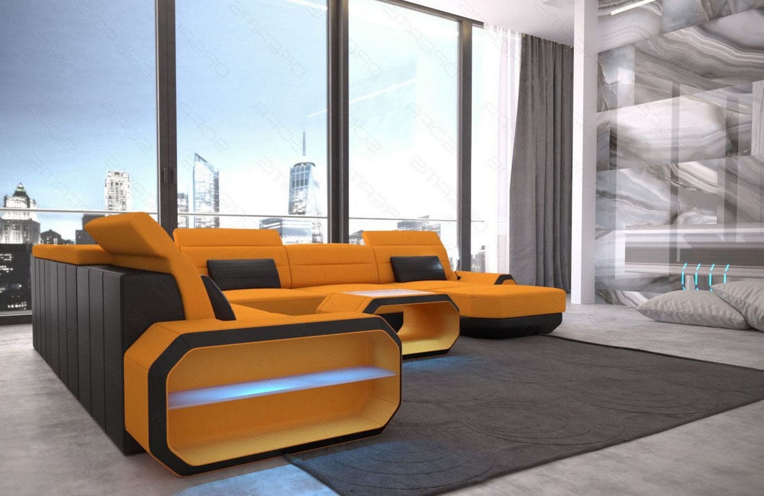 XL Stoff Wohnlandschaft Roma mit LED Apricot-Schwarz