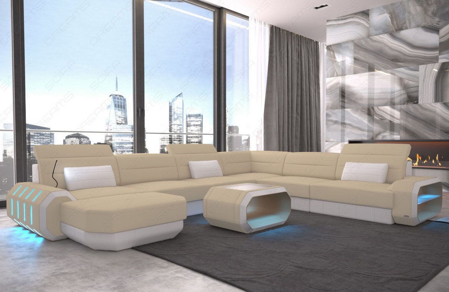 XL Stoff Wohnlandschaft Roma mit LED Beige-Weiß